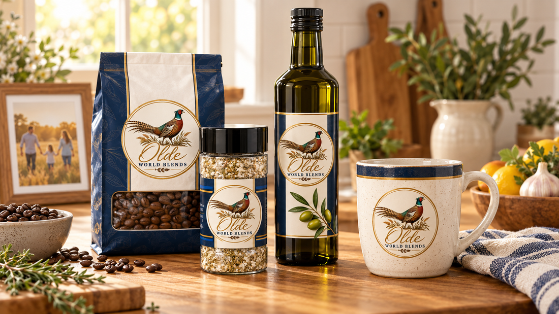 A bag of coffee, a jar of seasoning in a shaker bottle, a tall green glass vessel of olive oil and a coffee cup with the olde world blends logo. All sotting on a nicely decorated table with clean even lighting.